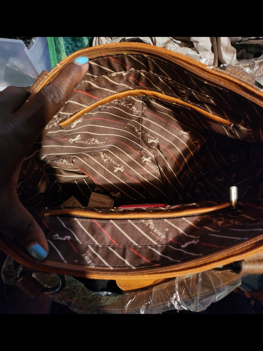 Montana West Tan Leather Tote with Branded Striped Lining